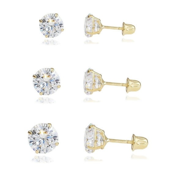 3 PAIR SET! 14K Yellow Gold Solitaire Round CZ Stud Post Earrings with Secure Screw-backs | 3mm, 4mm, 5mm | Women, Men, Unisex