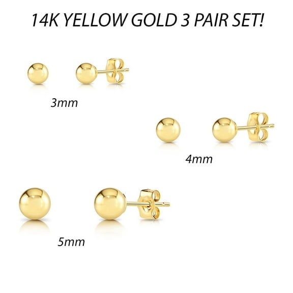 3 PAIR SET! 14K Yellow Gold Polished Ball Stud Post Earrings with Secure Push-backs | 3mm, 4mm, 5mm | Women, Men, Unisex
