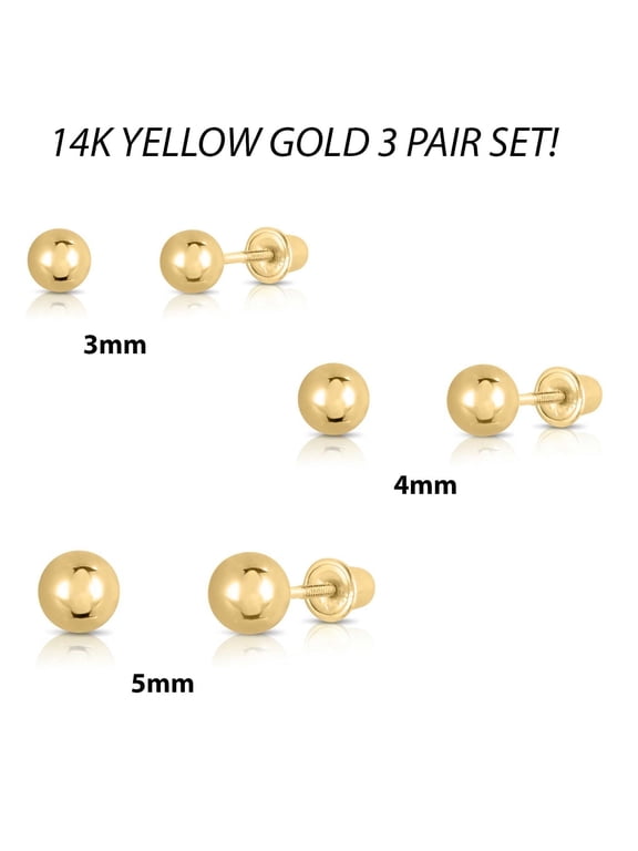 3 PAIR SET! Tilo Jewelry 14K Yellow Gold Ball Stud Post Earrings with Screw-backs for Women, Men & Unisex