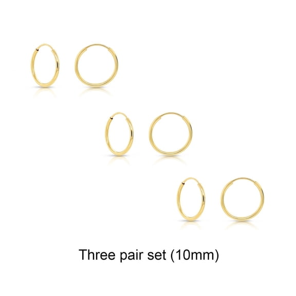 3 PAIR SET! Tilo Jewelry 14K Yellow Gold Endless Hoop Earrings, 1mm Tube (10mm) Women, Men, Unisex