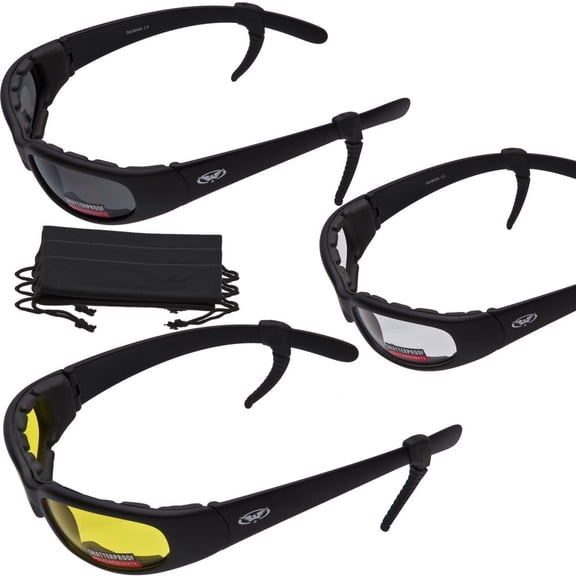 3 PAIRS - Chicago Foam Padded Motorcycle Sunglasses - FREE Rubber EAR LOCKS and Microfiber Cleaning/Storage Pouch - MATTE Black FRAME
