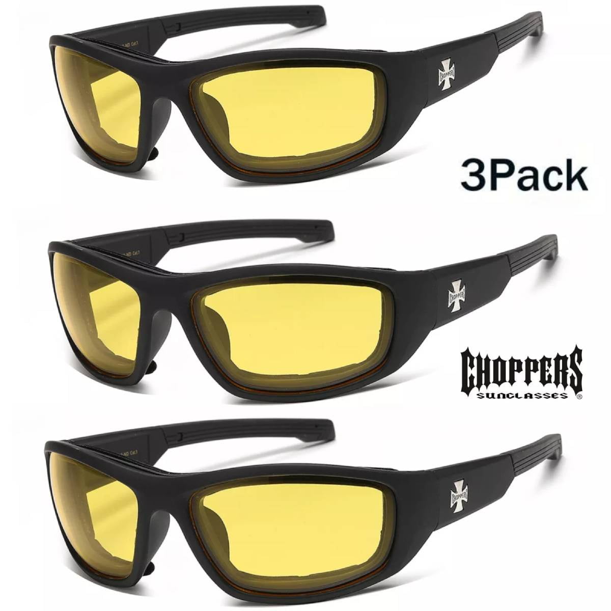 3 PAIRS Choppers Padded Wind Resistant Night Driving Sunglasses Motorcycle New