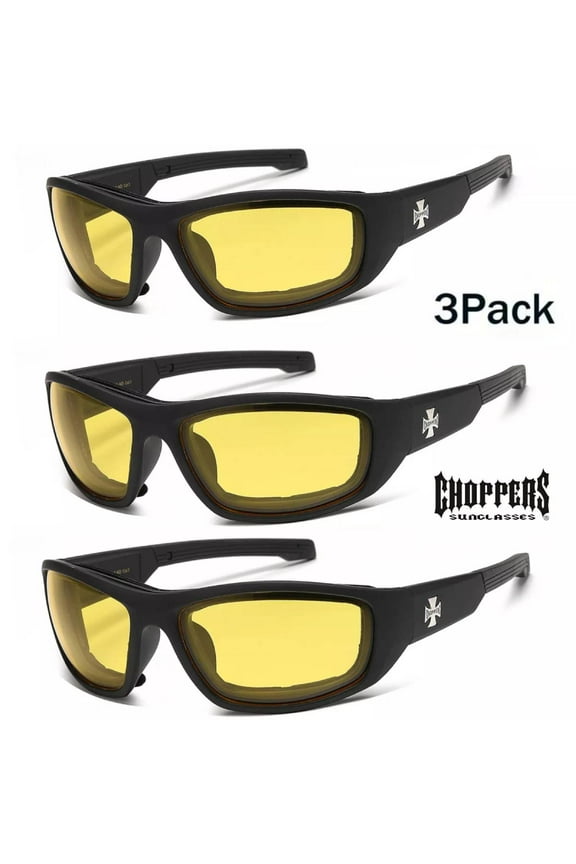 3 PAIRS Choppers Padded Wind Resistant Night Driving Sunglasses Motorcycle New