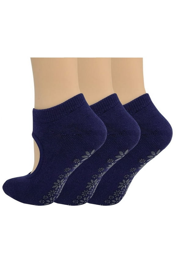 3 PAIRS DIFFERENT TOUCH Navy Color Non-Slip Yoga Pilates Cotton Socks with Grips for Women