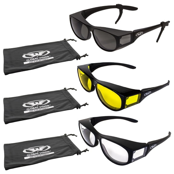 Global Vision 3 Pairs of Escort Fit Over Safety Glasses Clear Yellow Smoke Lenses with Ear Locks & Microfiber Pouches