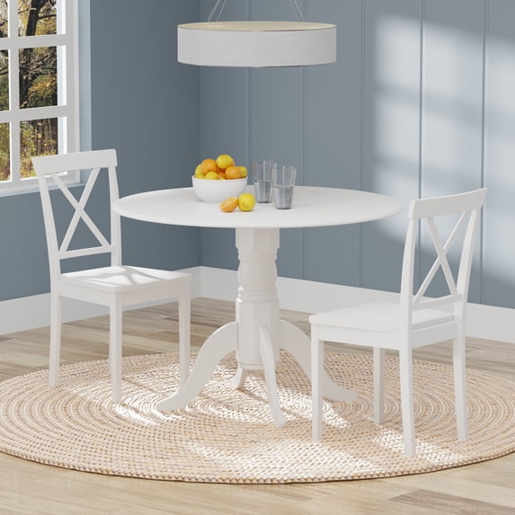 3-PC - 42" Round Double Drop-Leaf Dining Table + X-Back Dining Chairs Dining Set in White