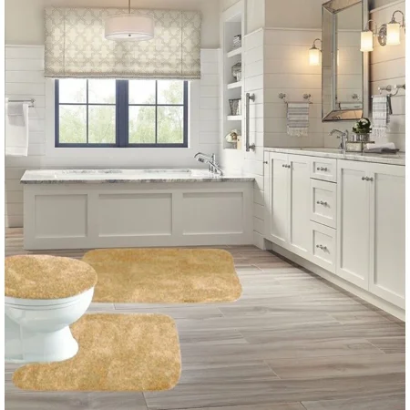 Gorgeous Home Linen 3-PC (#5) Gold Bathroom Bath Mat Set Includes, 1 Contour Mat, 1 Lid Toilet Cover, 1 Bath Mat Ultra Absorbent with Anti-Slip Backings