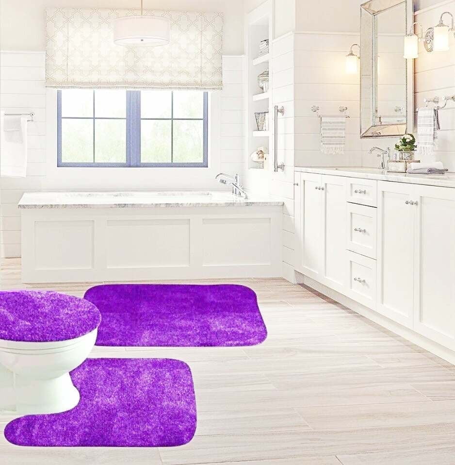 3Piece Purple Bathroom Mat Set Contour Mat, Toilet Lid Cover, Ultra