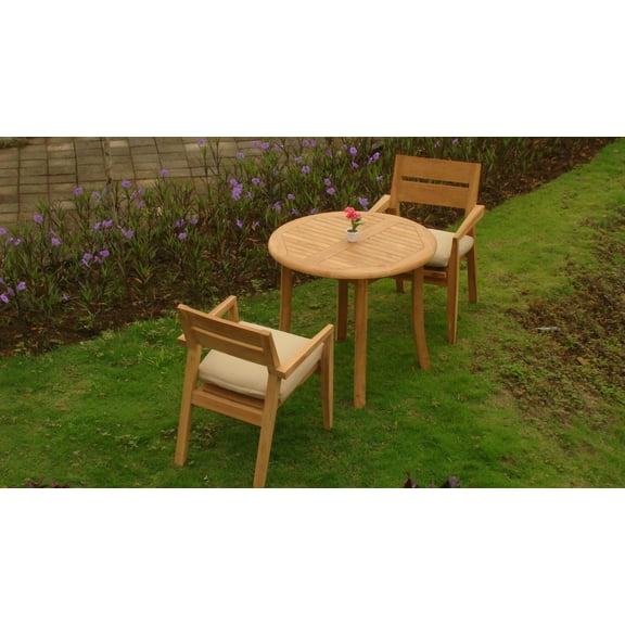 3 PC A Grade Outdoor Patio Teak Dining Set - 36" Round Table & 2 Cellore Stacking Arm Chairs