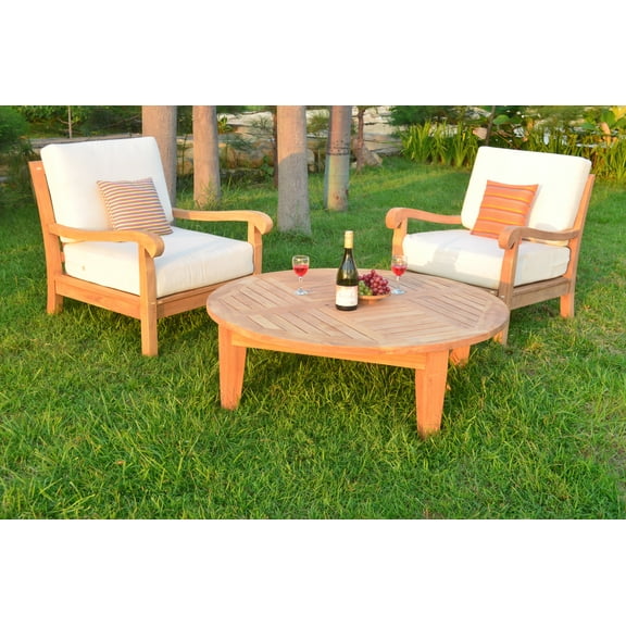 3 PC A Grade Outdoor Patio Teak Sofa Set - 2 Lounge Chairs & Round Coffee Table