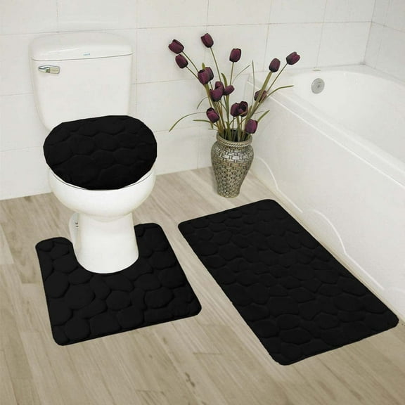 3-PC Black BS6 Bathroom Rug Set NON-SLIP Bath Rug 17"x28", Contour Rug 17"x17" and Toilet Seat Lid Cover 18"x18" with Non-Skid Rubber Back