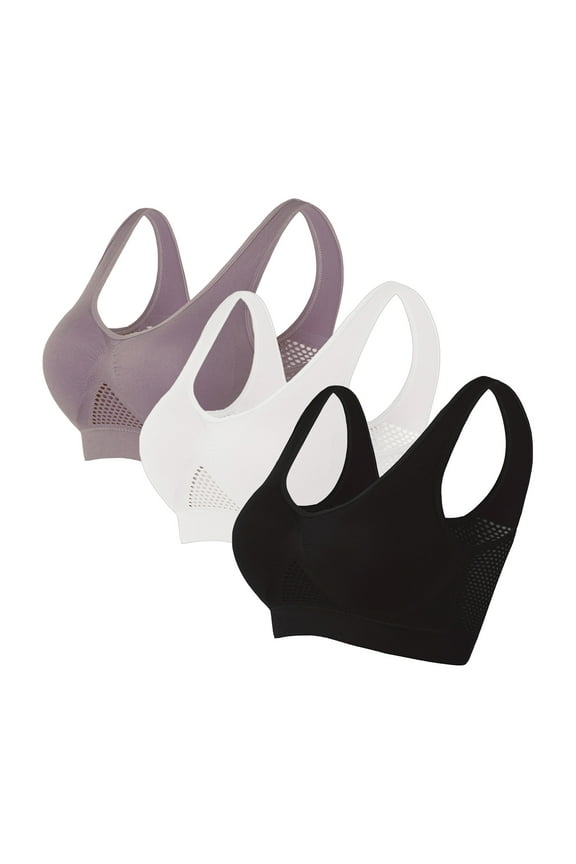 3 PC Breathable Cool Liftup Air Bra, 2024 New Large Size Yoga Bras Mesh Wirefree Sports Bra for Women 3 Packs