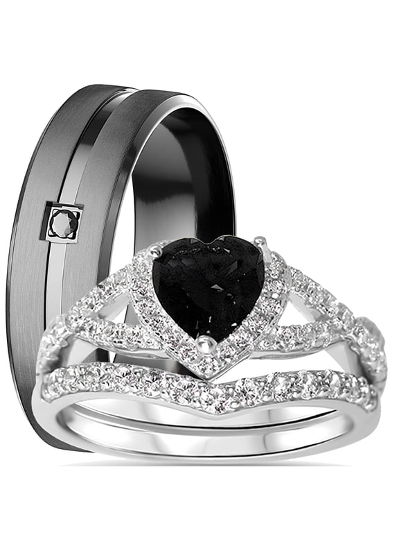 3 PC Couples Wedding Ring Sets His and Hers Womens Sterling Silver CZ Mens Black Steel Wedding Bands with Ring Box