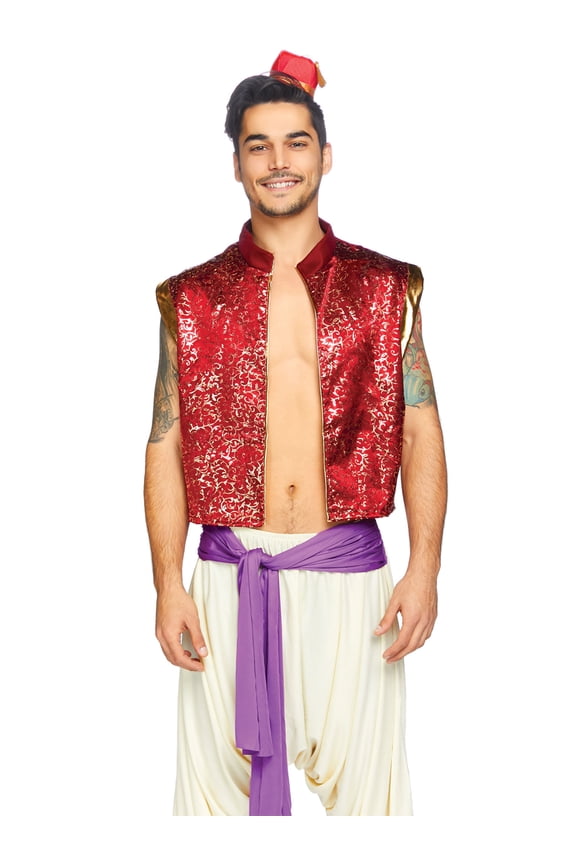 3 PC Desert Prince features ornate vest, harem pants with attached sash, and fez hat.