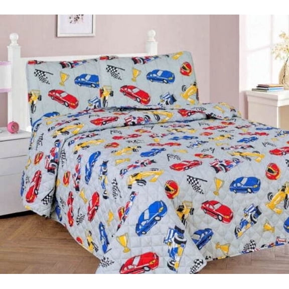3PC Full Race Car Bed Cover Bedspread Coverlet Quilt Set Silver with Multi Color Cars Perfect as a Gift
