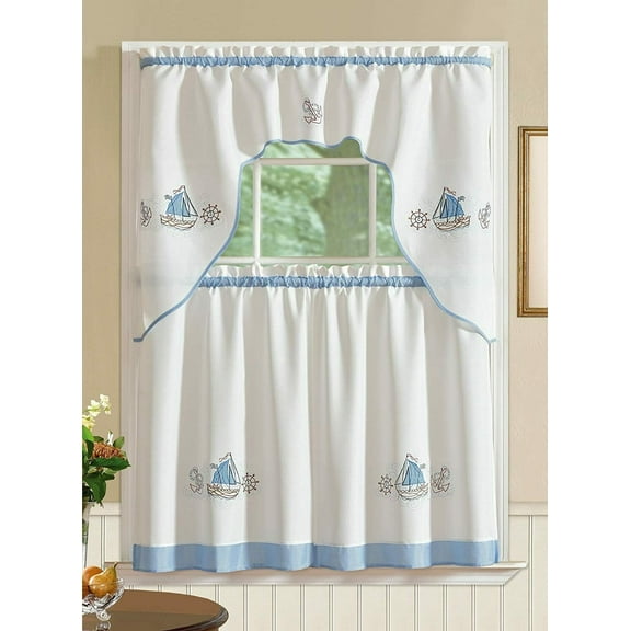 3 PC Kitchen Curtain Set Embroidered Ruffled Swag Valance & Tiers RT Collection