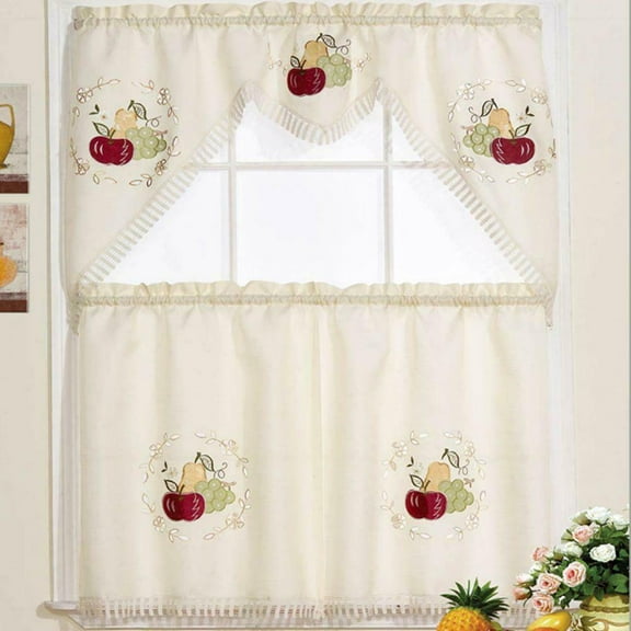 3 PC Kitchen Curtain Set Embroidered Ruffled Swag Valance & Tiers RT Collection