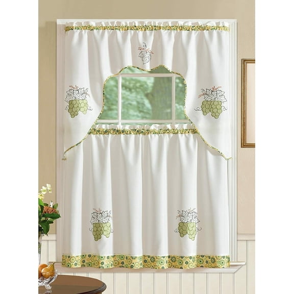 3 PC Kitchen Curtain Set Embroidered Ruffled Swag Valance & Tiers RT Collection
