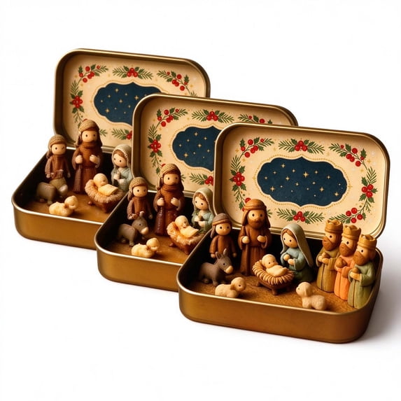 3 PC Mini Christmas Nativity Tin Box Sets, Holy Family Figurines and ...