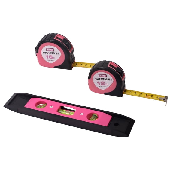 3-PC PINK MEASURING TOOL SET, TAPE MEASURE, LEVEL