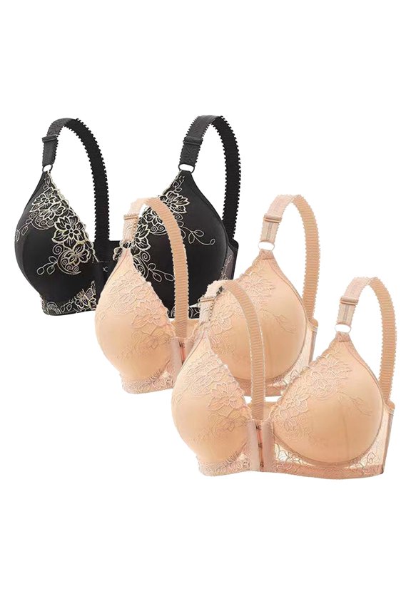 3 PC Racerback Front Closure Lace Bras for Women Lightly Padded Push Up Everyday T Shirt Bras Unlined Plunge