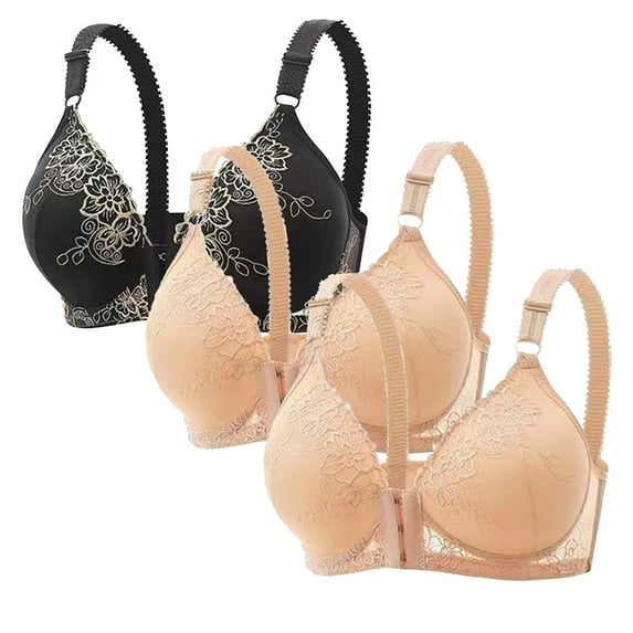 3 PC Racerback Front Closure Lace Bras for Women Lightly Padded Push Up Everyday T Shirt Bras Unlined Plunge