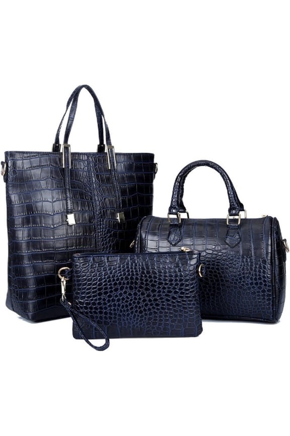 3-PC Women PU Handbag+Shoulder Bag+Clutch Crocodile Pattern Top Handle Fashion Satchel Tote Purse