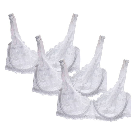3 PC Women's Lace Bralette See Through Sexy Minimizer Bra Plus Size Sheer Underwire Brassiere Push Up Balconette Bras