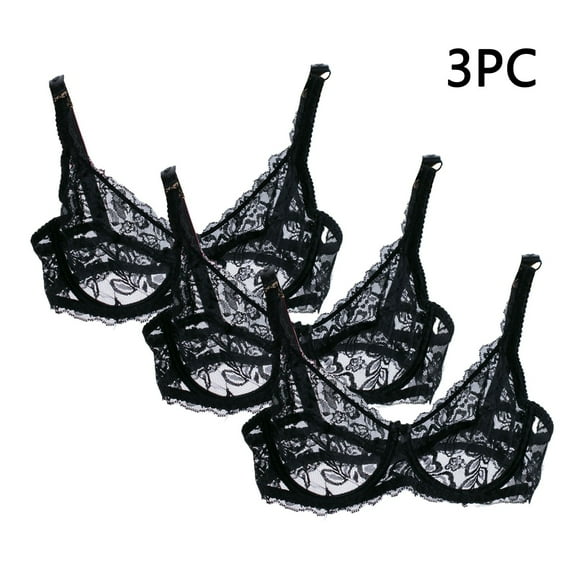 3 PC Women's Lace Bralette See Through Sexy Minimizer Bra Plus Size Sheer Underwire Brassiere Push Up Balconette Bras