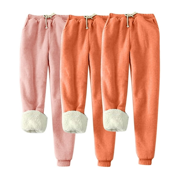 3 PC Womens Sweatpants Solid Color Elastic High Waisted Jogger Yoga Pants Fleece Winter Warm Trendy Casual Loose Trousers With Pockets,Yellow,M