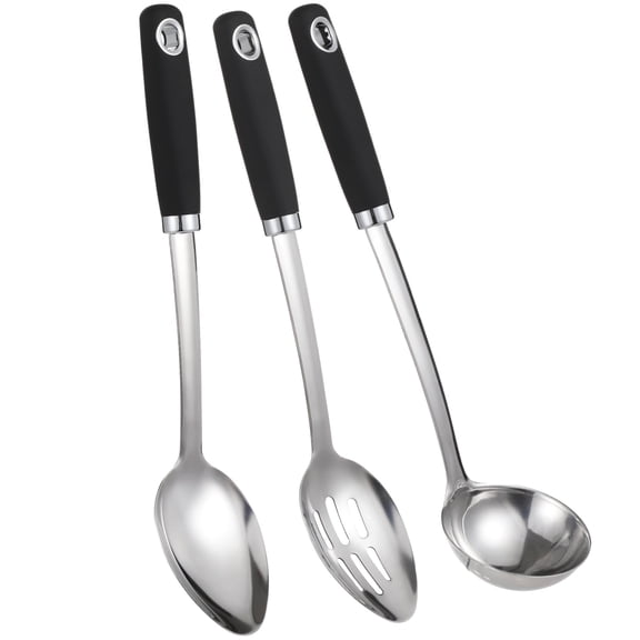 3 Pcs Stainless Steel Kitchen Spoons Serving Set - Large Cooking Slotted Spoons |Anti-Scald Long Handle Soup Ladle, Kitchen Utensils for Home Restaurant (14 in)