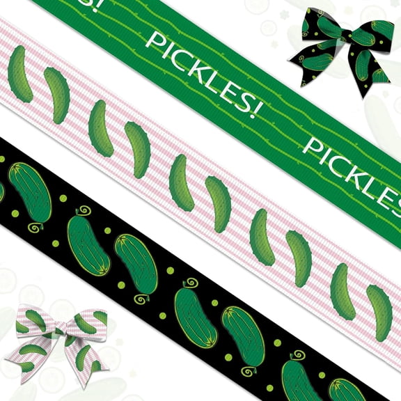 Hsomely 3 Pcs Pickles Ribbon, 3/5" Cucumber Print Grosgrain, 15 Yards Total for Big Dill Birthday Party & Gift Packaging DIY
