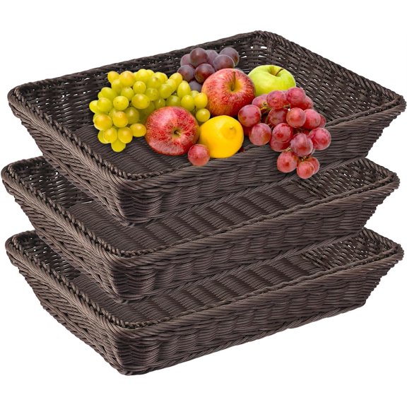 3 PCS 16 Inch Wicker Bread Basket, Woven Serving Basket, Rectangular Fruit Baskets, Tabletop Food Serving Basket for Restaurant, Bakery, Crackers, Fruits, Vegetables and Snacks(Deep Coffee).