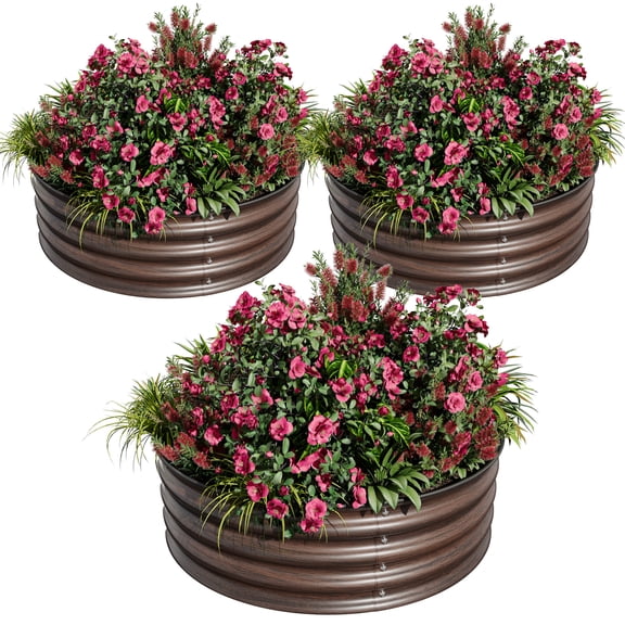 3 PCS 2 x 1ft Round Galvanized Raised Garden Bed - Rust-Resistant Metal Planter Box with Rubber Edging, Open Bottom, Wood Color