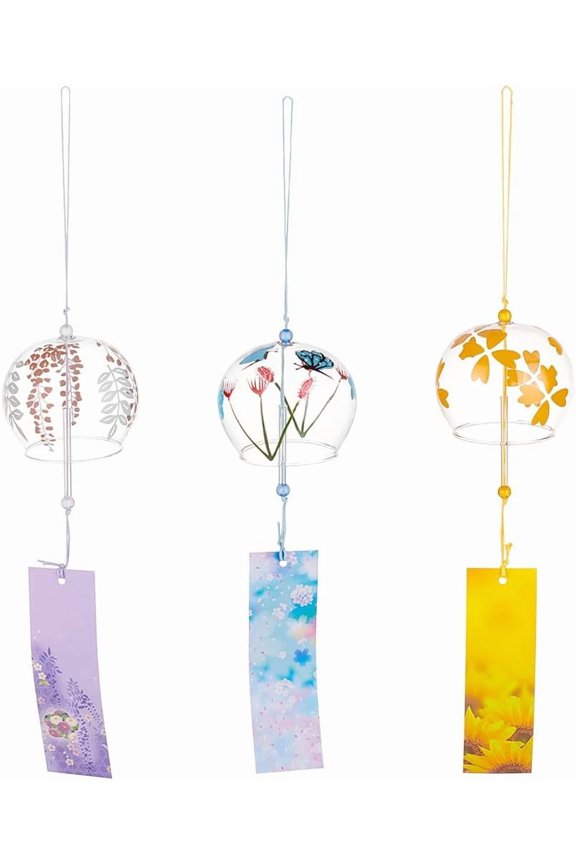 3 PCS 3 Colours Japanese Glass Round Wind Chimes Light Sky Blue Light Golden Yellow Light Purple Wind Chimes with Paper Blessing Pendant for Garden Patio Balcony Decoration diy