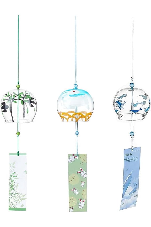 3 PCS 3 Colours Japanese Glass Round Wind Chimes with Rabbit Spring Swallow and Penguin Motifs with Blessing Paper Charms for Garden Patio Balcony Decoration Mixed Color