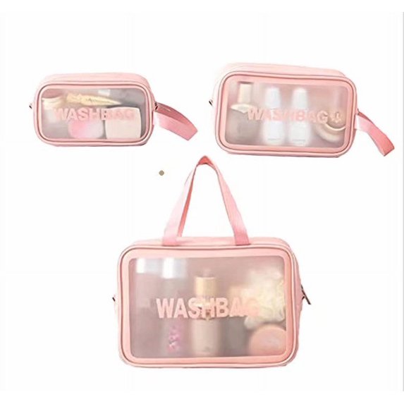 3 PCS and 3 Sizes Portable Frosted Transparent Cosmetic Bags, Clear Travel Bags, Clear Waterproof Toiletry Bags, Translucent for Travel, Vacation, Bathroom(Pink)