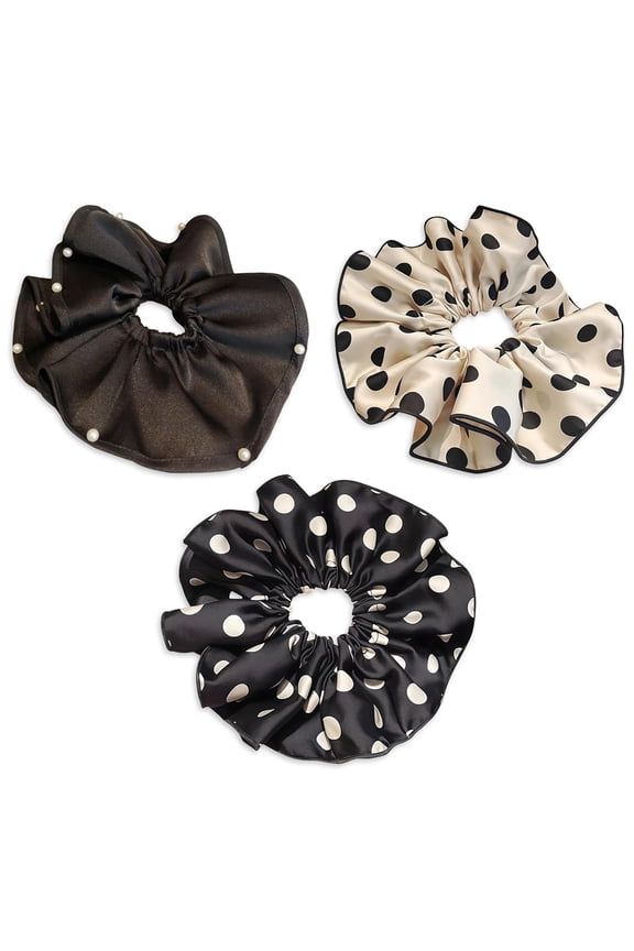 3 PCS 7.9 Inches Oversized Satin Scrunchies with Pearl and Polka Dot, Jumbo Large Hair Ties & Ponytail Holders for Women and Girls, Vintage Chic Extra Large Hair Accessories