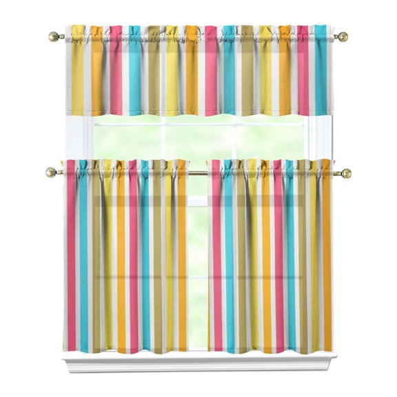 3 PCS Abstract Kitchen Curtains Set with Valance - Geometric Semi-Sheer Tier Curtains for Windows, Rod Pocket Farmhouse Caf Curtains (54x18 + 2x27.5x36 Inch)