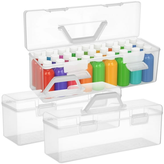 3 PCS Acrylic Paint Storage Boxes, 30 Bottles Capacity Clear Plastic Organizer Case for 2 oz Paint, Portable Art Supply Plastic Container with Handle for Craft Tools, 14 x 4 x 5 in