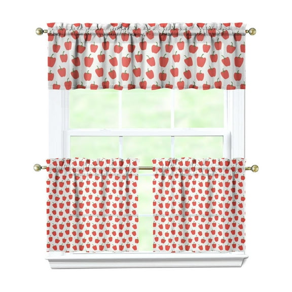 3 PCS Apple Print Kitchen Curtains Set - Red & Green Cartoon Fruit Pattern Tier Window Curtains with Valance, Cute Kawaii Farmhouse Caf Curtains for Small Windows (54x18 & 27.5x24 Inch)