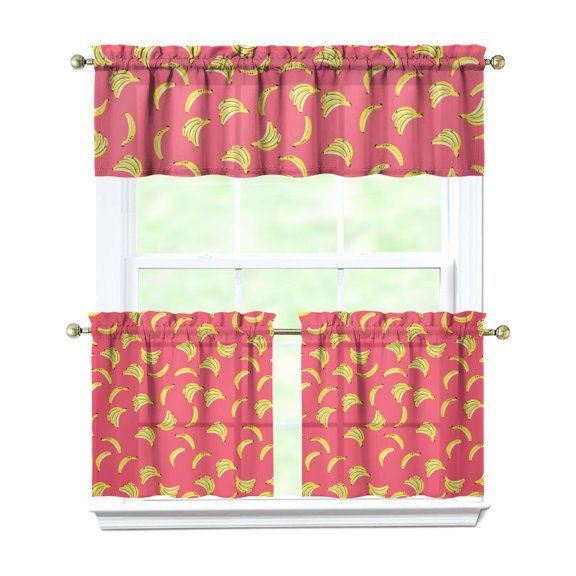 3 PCS Banana Print Kitchen Curtains Set - Tropical Fruit Pattern Semi-Sheer Tier Curtains with Valance, Rod Pocket Window Treatment Panels for Farmhouse, Cafe (54x18 + 2x27.5x24 Inch)