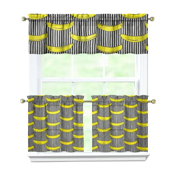 3 PCS Banana Print Kitchen Curtains Set - Tropical Fruit Pattern Semi-Sheer Tier Curtains with Valance, Rod Pocket Window Treatment Panels for Farmhouse, Cafe (54x18 + 2x27.5x24 Inch)
