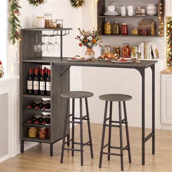 3 PCS Bar Table & Stools Set with Wine Storage for 6 Bottles & Glass Holder Oak Rustic Brown Pub Dining Set for Home Kitchen Bar Cafe