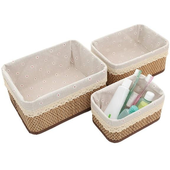 3 PCS Baskets for Organizing, Small Wicker Baskets Set, Foldable Cabinet Storage Bins with Lining and Lace, Ideal for Bathroom Bedroom Living Room Use