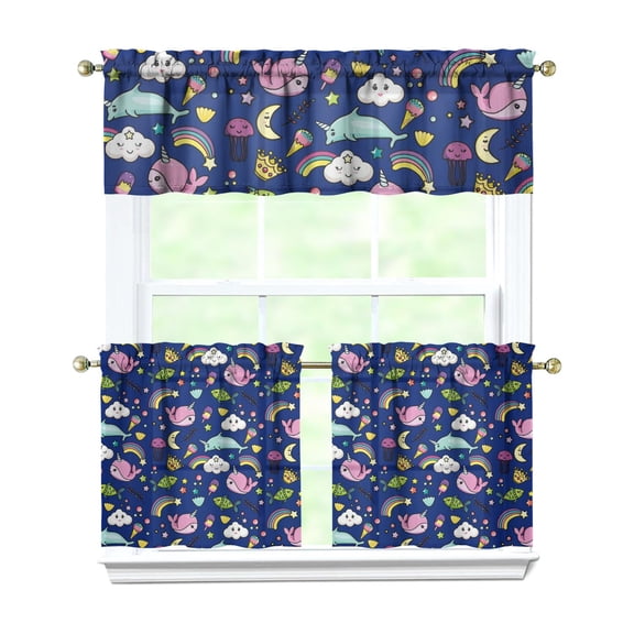 3 PCS Beach & Ocean Themed Kitchen Curtains Set - Fish & Coral Tropical Seaside Tier Curtains with Valance, Nautical or Summer Decor (54x18" + 2x27.5x24")