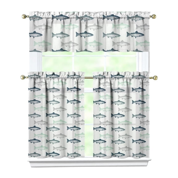 3 PCS Beach Themed Kitchen Curtains Set with Valance - Tropical Fish & Ocean Life Design, Semi-Sheer Tier & Caf Curtains for Coastal Decor (54x18" + 2x27.5x36")