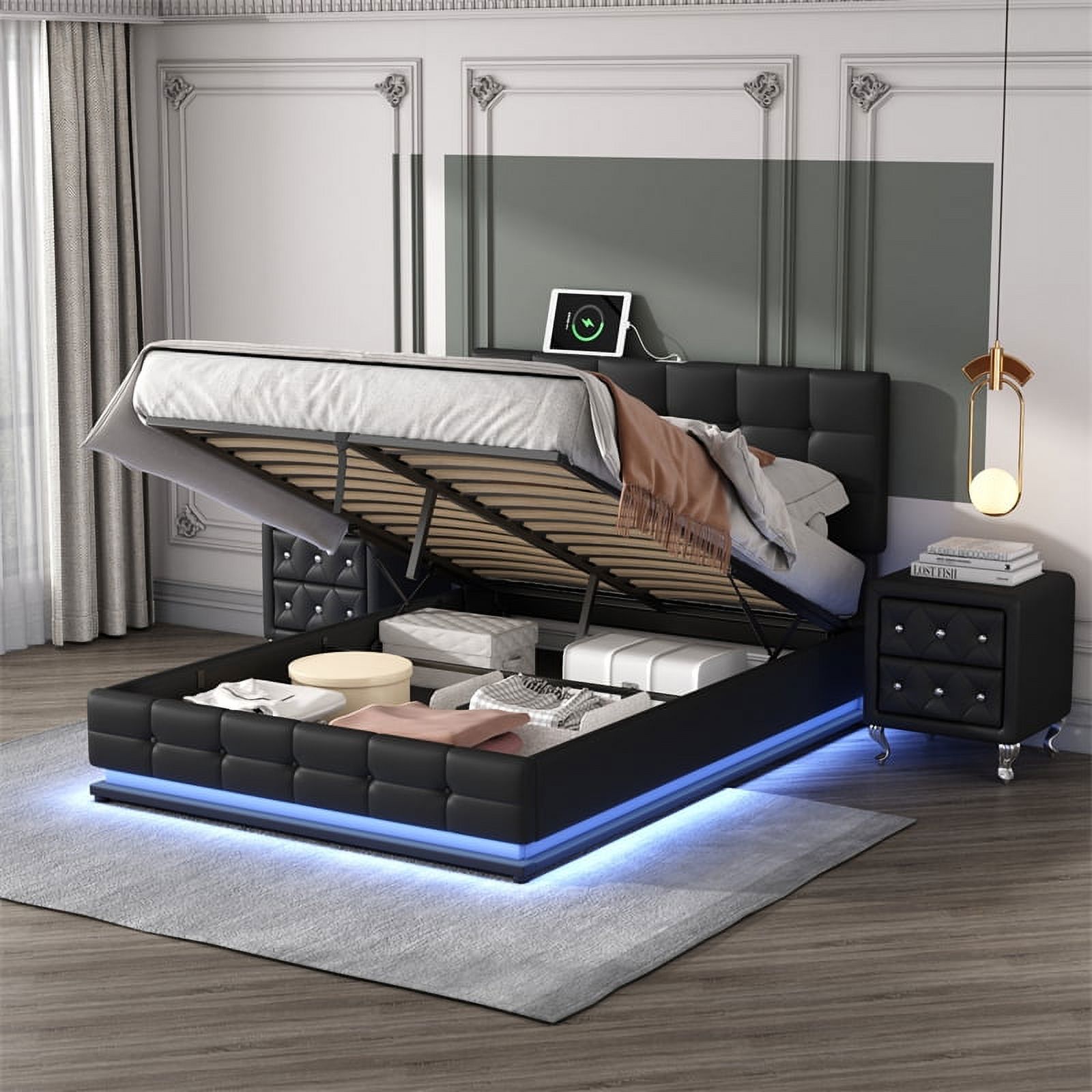 3 PCS Queen Upholstered Platform Bed Set with LED Lights, Hydraulic