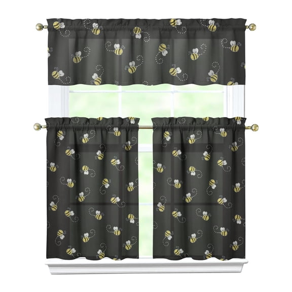 3 PCS Bee Print Kitchen Curtains Set with Valance - Honeycomb & Bumble Bee Design, Semi-Sheer Farmhouse Tier Curtains for Small Windows, Yellow Cartoon Pattern Gift for Bee Lovers