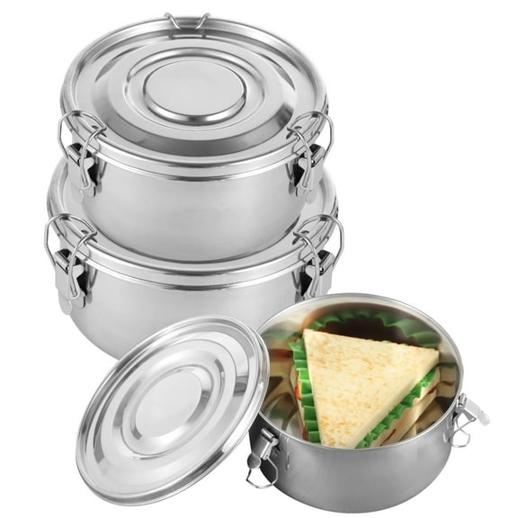 3 PCS Stainless Steel Bento Box Set, Leak-Proof Food Storage Containers, 3 Sizes Round Airtight Food Containers, Large-capacity Dishwasher Safe Lunch Boxes, Stackable Silver Thermal Bento Box